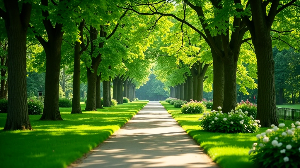 Vasara parke — žali medžiai ir gėlės saulėje