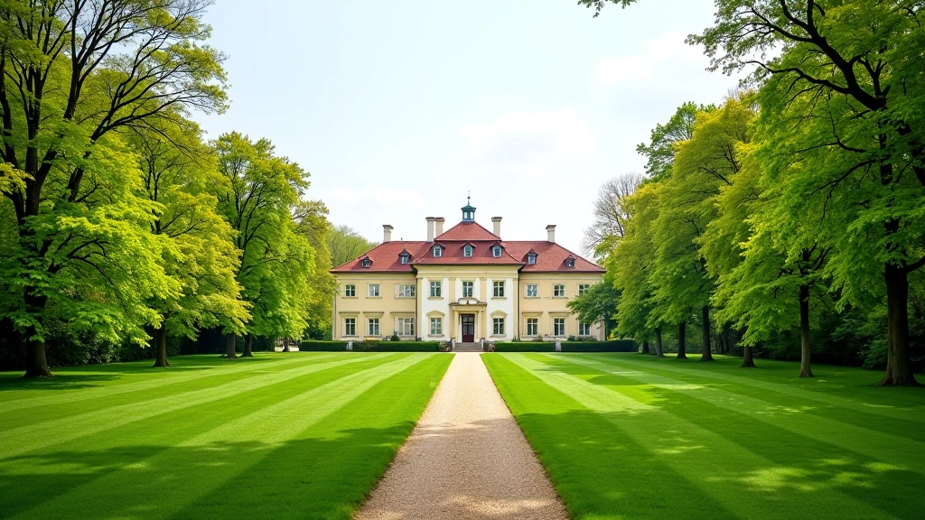Žalias parkas su senoviniu dvaru horizonte